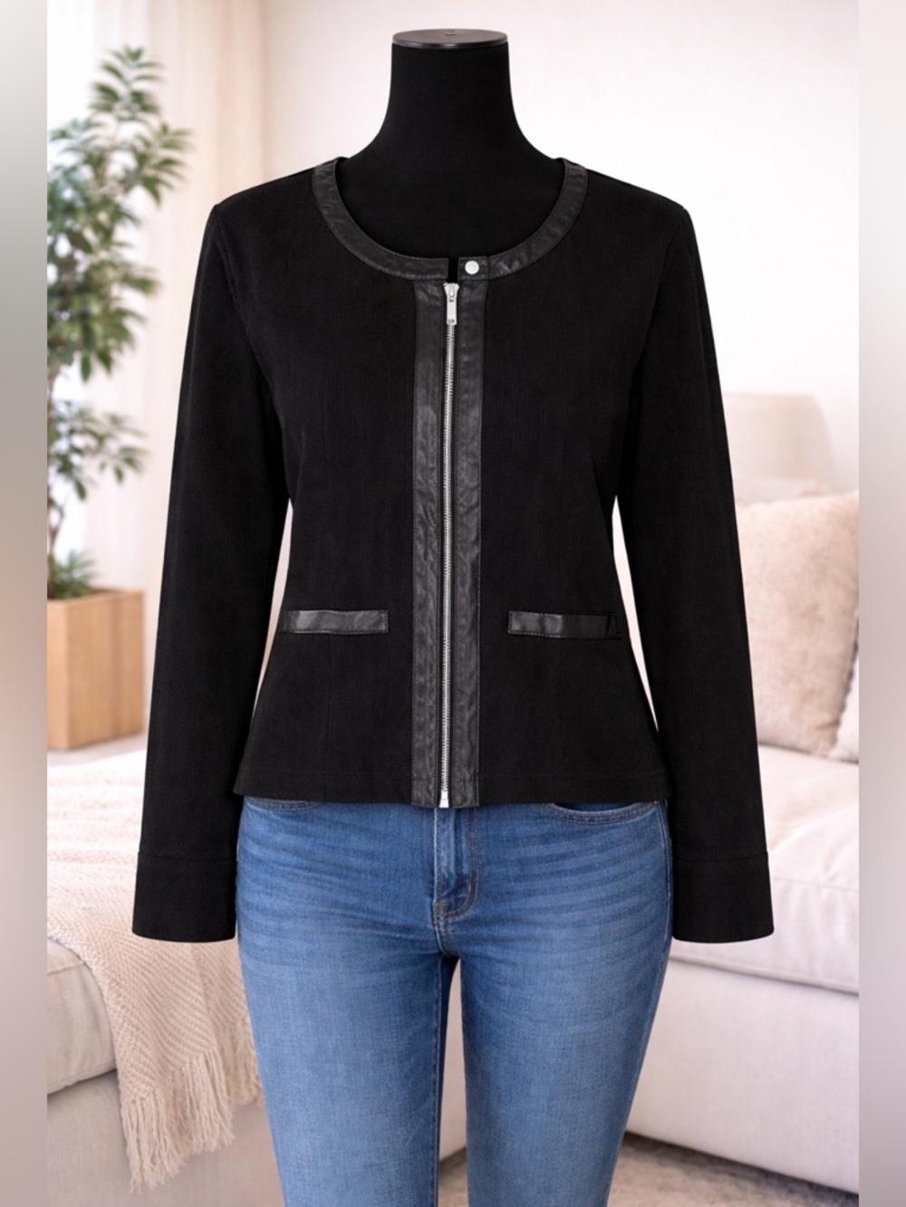 NY & Co 7th Avenue Black Zip Cardigan Jacket Faux Leather Trim Large Moto Style